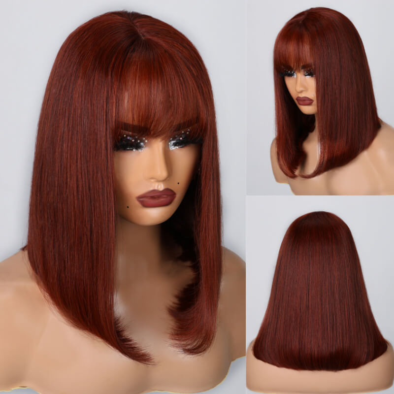 Klaiyi Hair Reddish Brown Blunt Cut Bob Wig With Bangs Lace Part Wigs