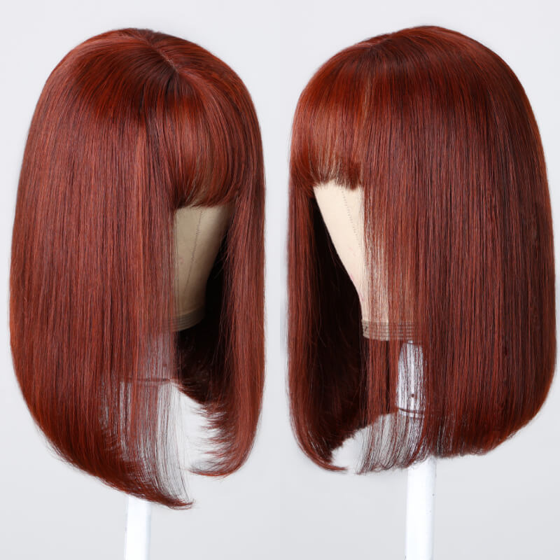 Klaiyi Hair Reddish Brown Blunt Cut Bob Wig With Bangs Lace Part Wigs