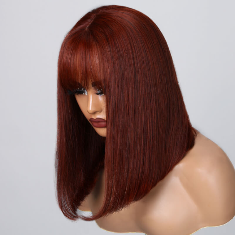 Klaiyi Hair Reddish Brown Blunt Cut Bob Wig With Bangs Lace Part Wigs