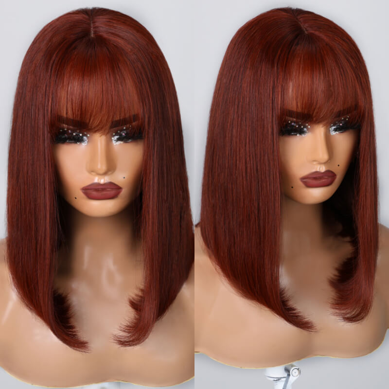 Klaiyi Hair Reddish Brown Blunt Cut Bob Wig With Bangs Lace Part Wigs