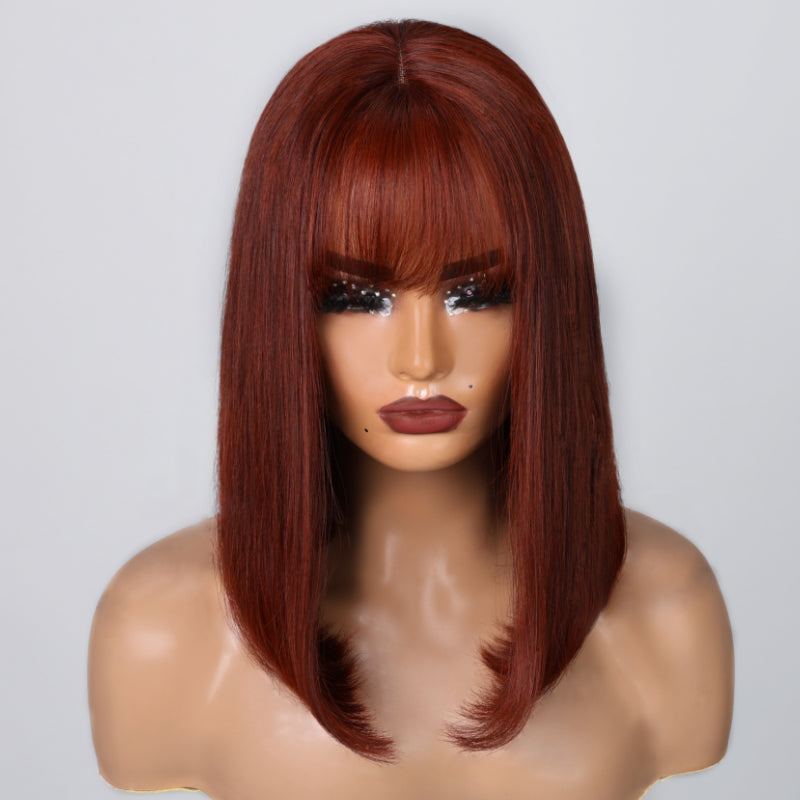 Klaiyi Hair Reddish Brown Blunt Cut Bob Wig With Bangs Lace Part Wigs