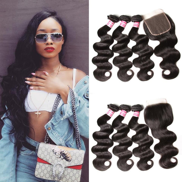 Klaiyi Malaysian Body Wave Free Part 4x4 Closure With 3 bundles Unprocessed Human Virgin Hair