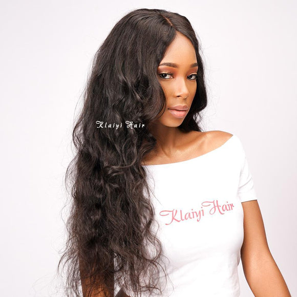 Klaiyi Malaysian Body Wave, lot de 3 mèches avec fermeture frontale en dentelle d'oreille à oreille, 100% cheveux humains vierges. 