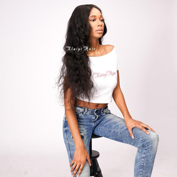 Klaiyi Malaysian Body Wave, lot de 3 mèches avec fermeture frontale en dentelle d'oreille à oreille, 100% cheveux humains vierges. 