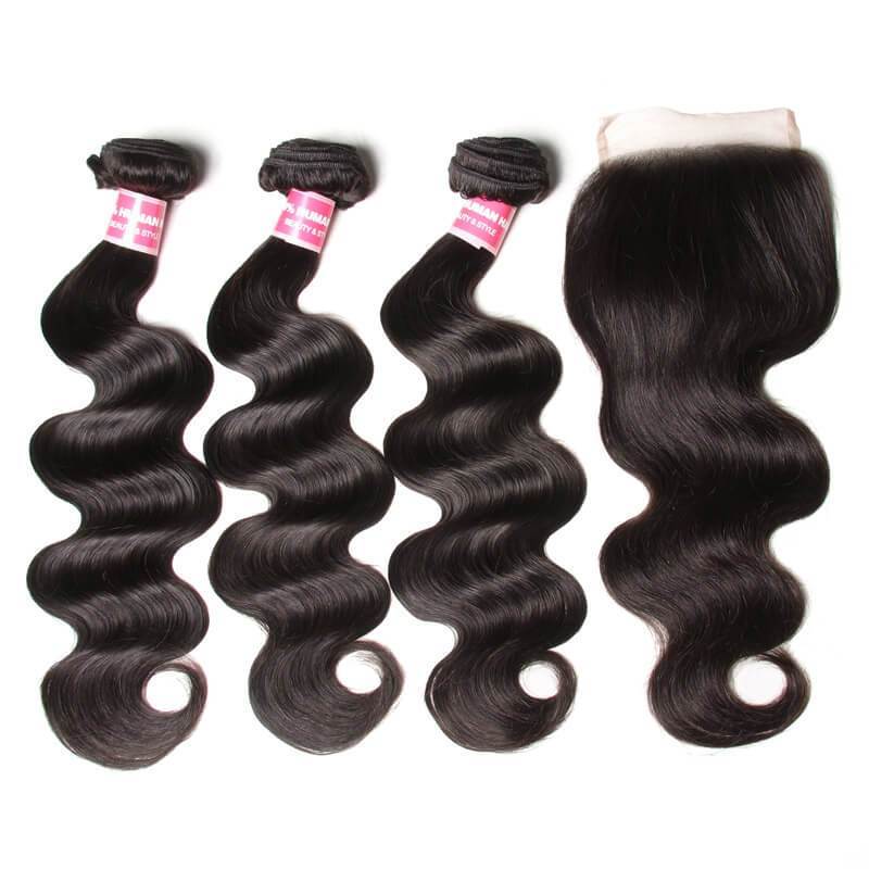 Klaiyi Indian Body Wave 3 Bundles with 4*4 Lace Closure