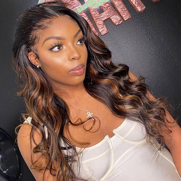 Klaiyi Shadow Root Blonde Highlight Body Wave Human Hair Wigs #FB30 Balayage Color Lace Front Wigs