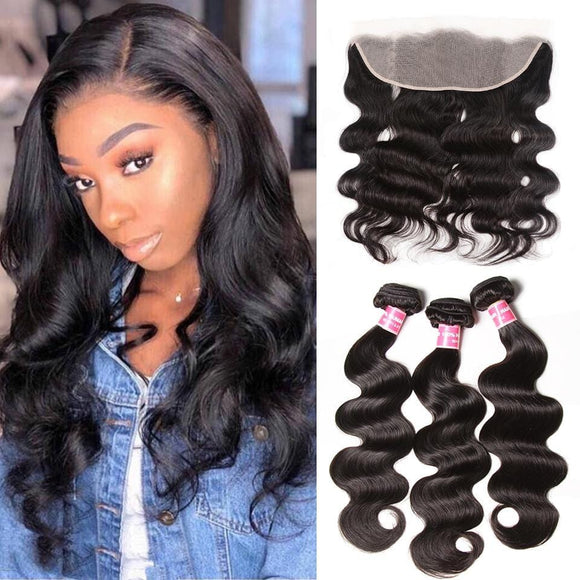 Klaiyi Hair, cheveux vierges ondulés, 3 paquets avec lace frontale 13x4 d'oreille à oreille 