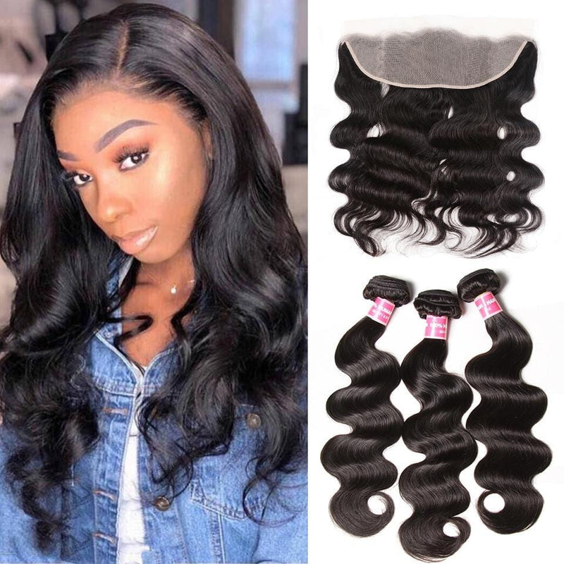 Klaiyi Hair Virgin Hair Body Wave 3 Bundles With 13×4 Lace Frontal Ear To Ear