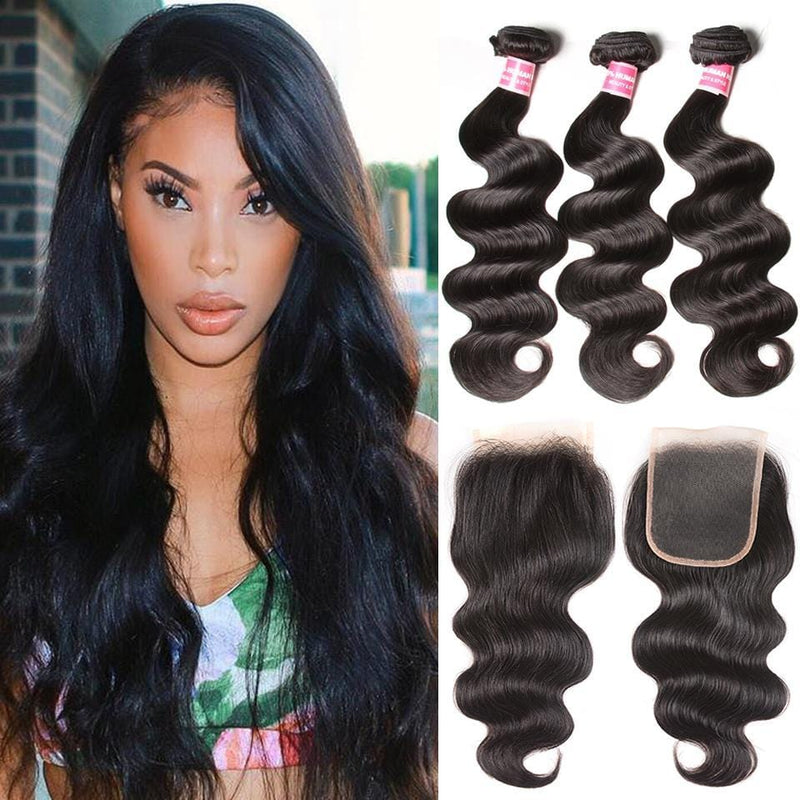 Klaiyi Brazilian Hair Body Wave Virgin Human Hair 3Bundles with 1pc Lace Closure