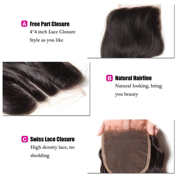 Klaiyi Brazilian Body Wave 4 Bundles With 4*4 Lace Closure Human Virgin Hair Extension