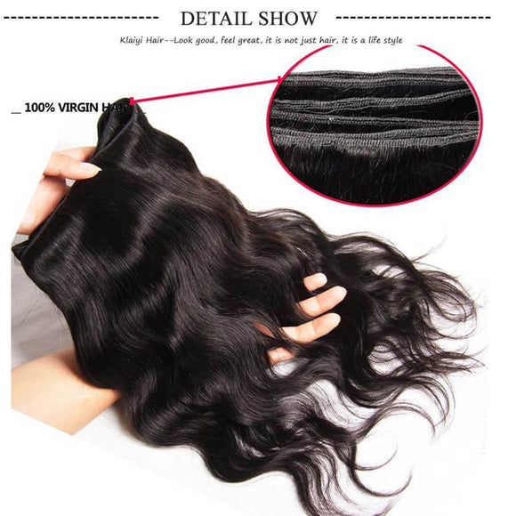 Klaiyi Peruvian Virgin Body Wave 4 Pcs with Lace Closure, 7a Grade Virgin Human Hair Weave Extensions