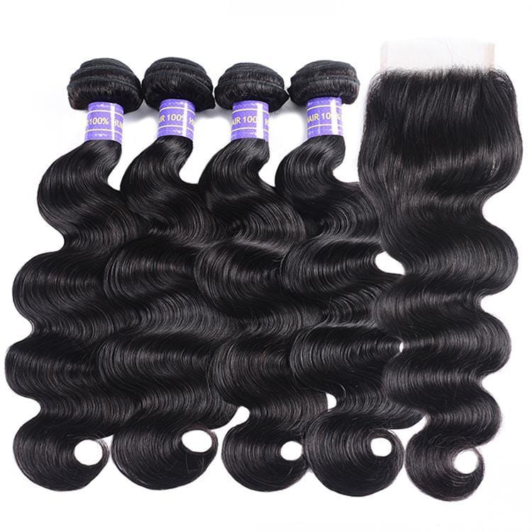 Klaiyi Remy Hair Brazilian Body Wave 4 Bundles with 4*4 Lace Closure Youth Series