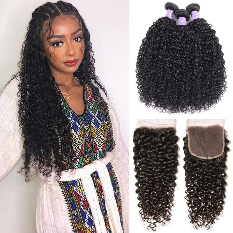 Klaiyi Remy Hair Brazilian 100% Human Hair Curly Hair 3 Bundles with 4*4 Lace Closure Youth Series