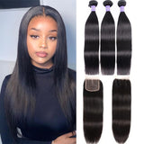 Klaiyi Remy Hair Brazilian 100% Human Hair Straight Hair 3 Bundles with 4*4 Lace Closure Youth Series