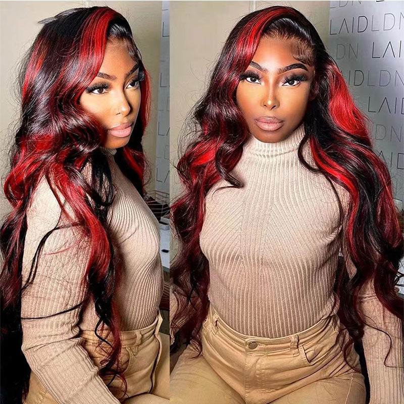 All Length $119 Deals|Klaiyi Ombre Highlight Dark Burgundy with Rose Red 13x4 Lace Frontal Wig Body Wave Wig Flash Sale
