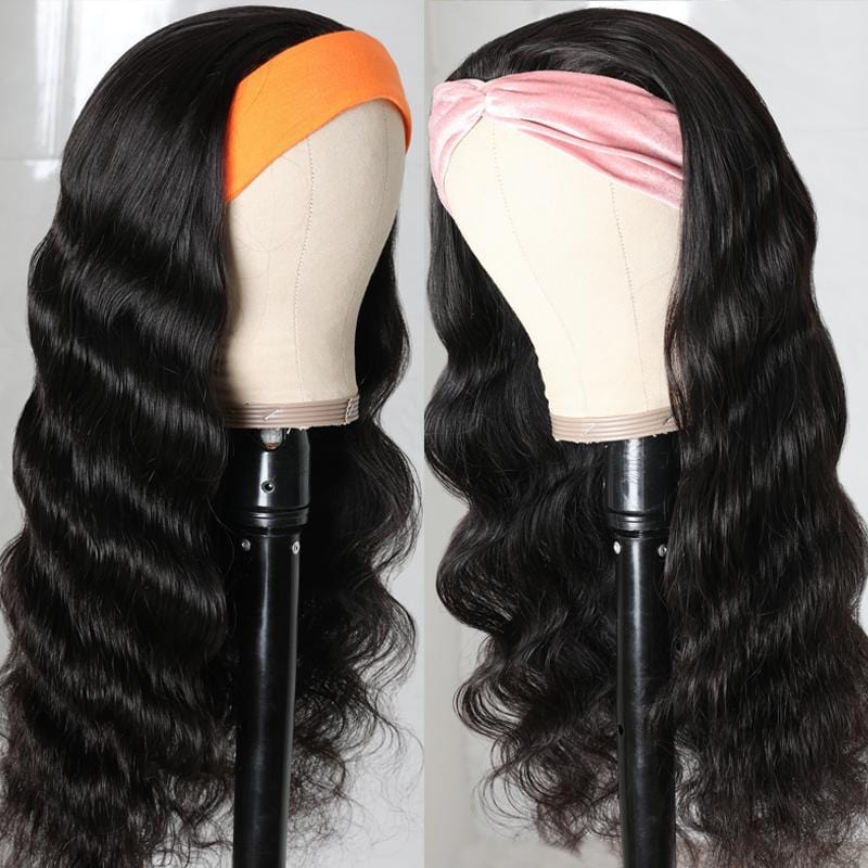 Klaiyi Body Wave Headband Wig Glueless Human Hair Wigs With Pre-attached Scarf Half Wig 150% Density