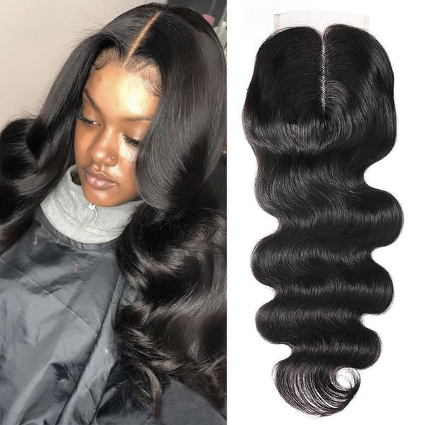 Klaiyi Body Wave Virgin Hair Middle part with 4x4 T Part Lace Closure Best Virgin Human Hair