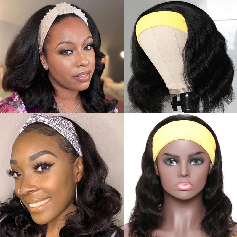 Klaiyi Body Wave Headband Wig Glueless Human Hair Wigs With Pre-attached Scarf Half Wig 150% Density