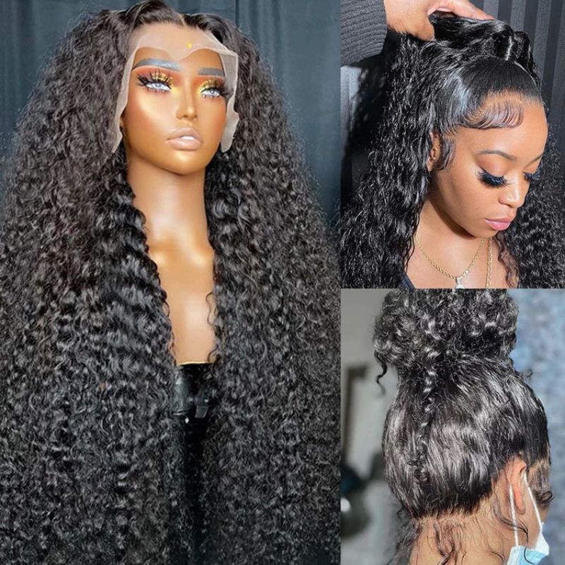 Klaiyi Deep Wave 13x4 HD Transparent Lace Front Wig Human Hair Curly Glueless Lace Wigs