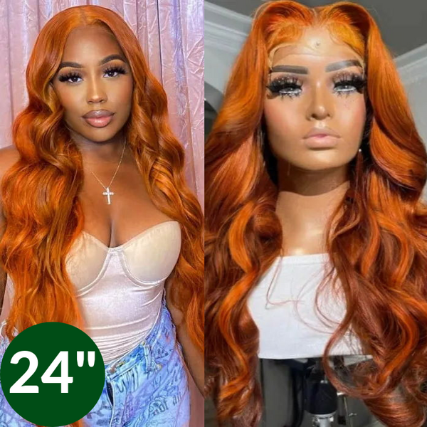 Klaiyi 24 inches Sunset Gold Color With Cowgirl Copper 13x4 Lace Front Body Wave Wig Human Hair New Arrival Flash Sale