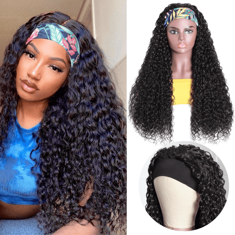 Klaiyi Flash Deal Headband Wig Curly Human Hair Wigs With Free Scarf Natural Color Wig For Black Women