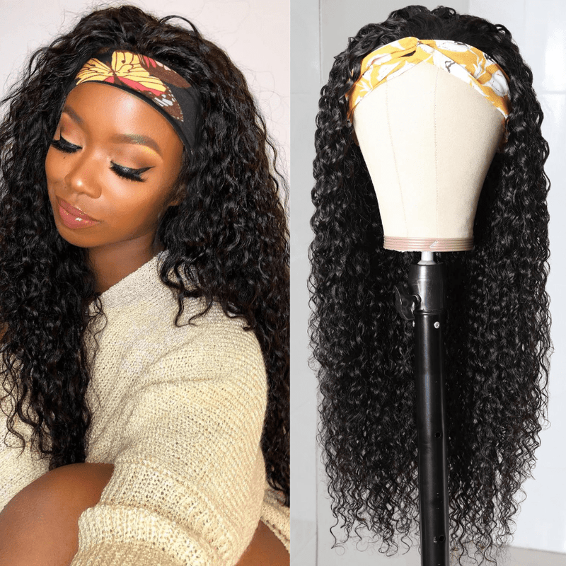 Klaiyi Flash Deal Headband Wig Curly Human Hair Wigs With Free Scarf Natural Color Wig For Black Women