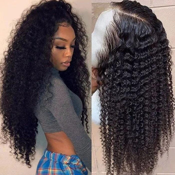 Klaiyi 13x5x0.5 T Part Unprocessed Hand Tied Lace Part Wig Jerry Curly Middle Part Lace Front Human Hair Wigs