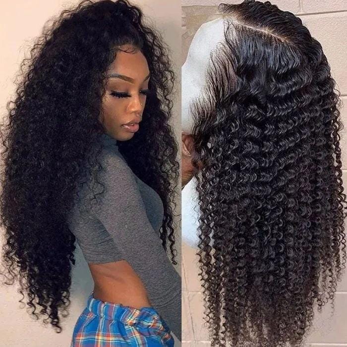Klaiyi 13x5x0.5 T Part Unprocessed Hand Tied Lace Part Wig Jerry Curly Middle Part Lace Front Human Hair Wigs