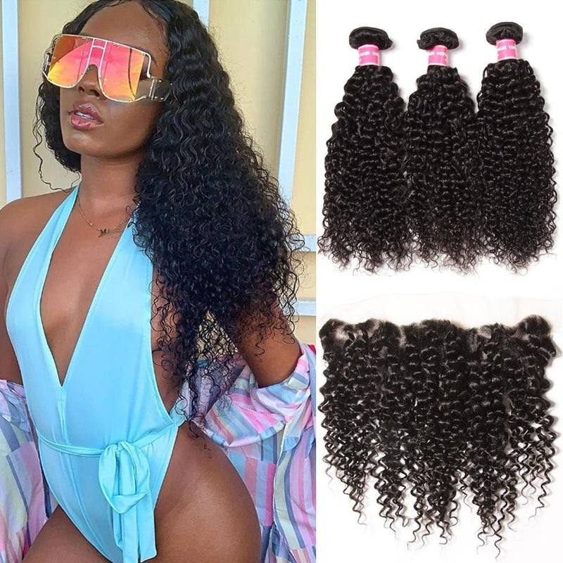 Klaiyi Brazilian Curly Hair 13x4 Lace Frontal With Bundles 3Pcs/Pack