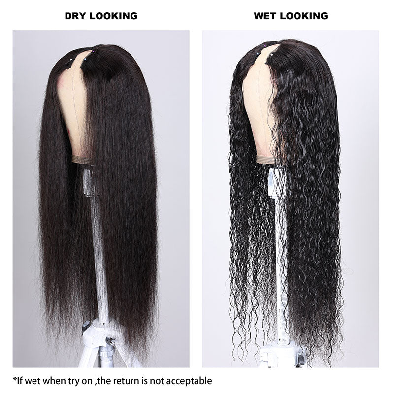 Klaiyi Glueless V Part Wigs Dry in Straight & Wet in Wavy Curly Wig 1 Wig 2 Styles