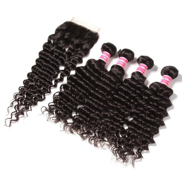 Klaiyi 4 Bundles Malaysian Deep Wave Curly Hair with 4*4 Lace Closure