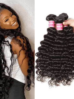 Klaiyi Deep Wave Human Hair Weave 3Pcs/Pack Virgin Hair Extensions For Ponytail