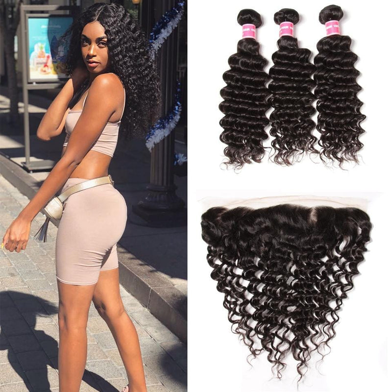 Klaiyi Malaysian Deep Wave Curly Hair 3 Bundles with 13*4 Ear to Ear Lace Frontal Closure