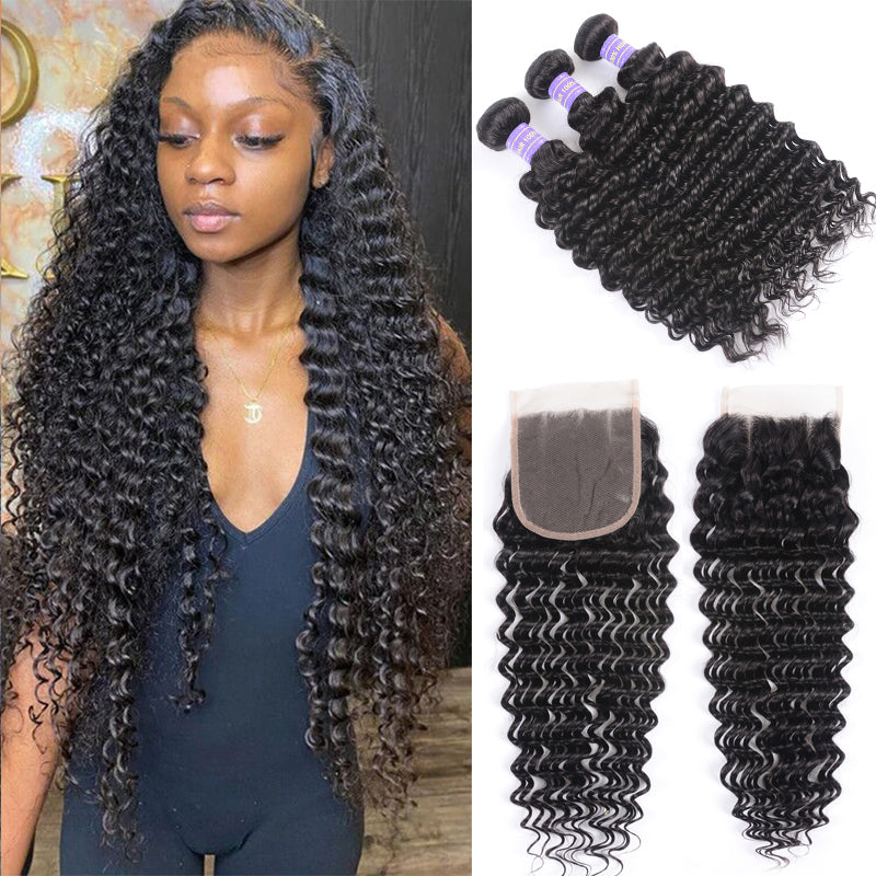 Klaiyi Virgin Hair Brazilian Deep Wave 3 Bundles With Closure 100% Human Hair Youth Series