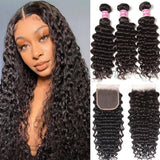 Klaiyi Hair Deep Curly Wave 3 Bundles with 4x4 Swiss Lace Closure 100% Virgin Human Hair
