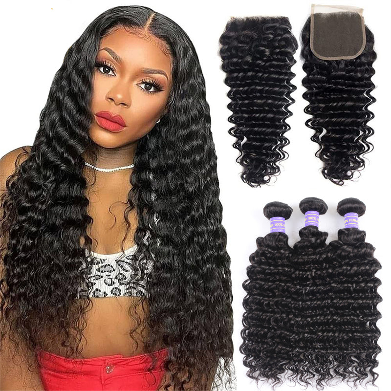 Klaiyi Virgin Hair Brazilian Deep Wave 3 Bundles With Closure 100% Human Hair Youth Series