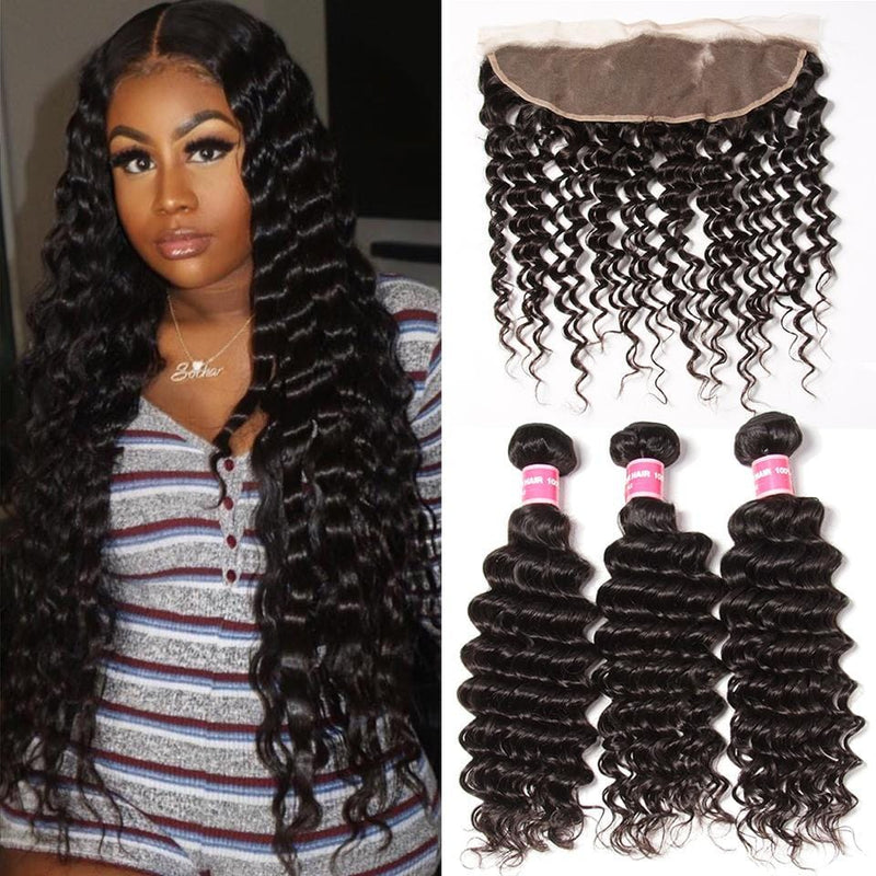 Indian Deep Wave 3 Bundles with 13*4 Ear to Ear Lace Frontal Closure Deals-Klaiyi Hair