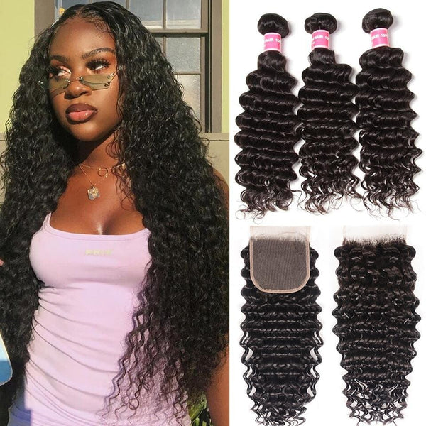 Klaiyi Hair Deep Curly Wave 3 Bundles with 4x4 Swiss Lace Closure 100% Virgin Human Hair