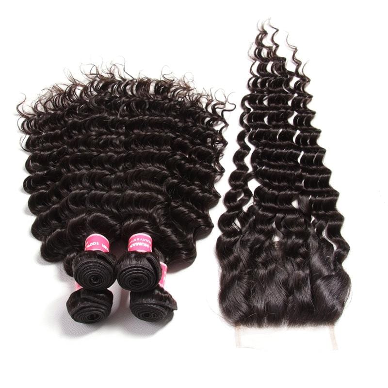 Klaiyi Peruvian Deep Wave 4 Bundles with Lace Closure, 4*4 Free Part, 100% Virgin Human Hair, 7A Grade