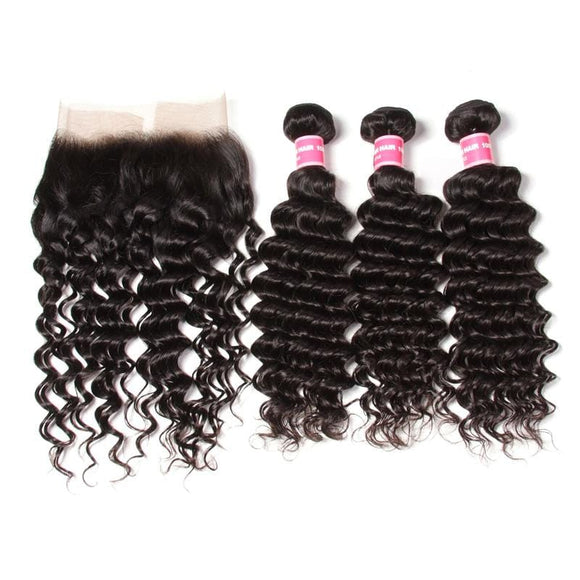 Indian Deep Wave 3 Bundles with 13*4 Ear to Ear Lace Frontal Closure Deals-Klaiyi Hair