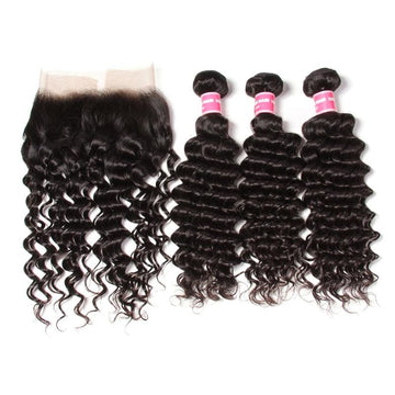 Klaiyi 8A Indian Deep Wave 4 Bundles with Lace Frontal Closure Human Virgin Hair Extension