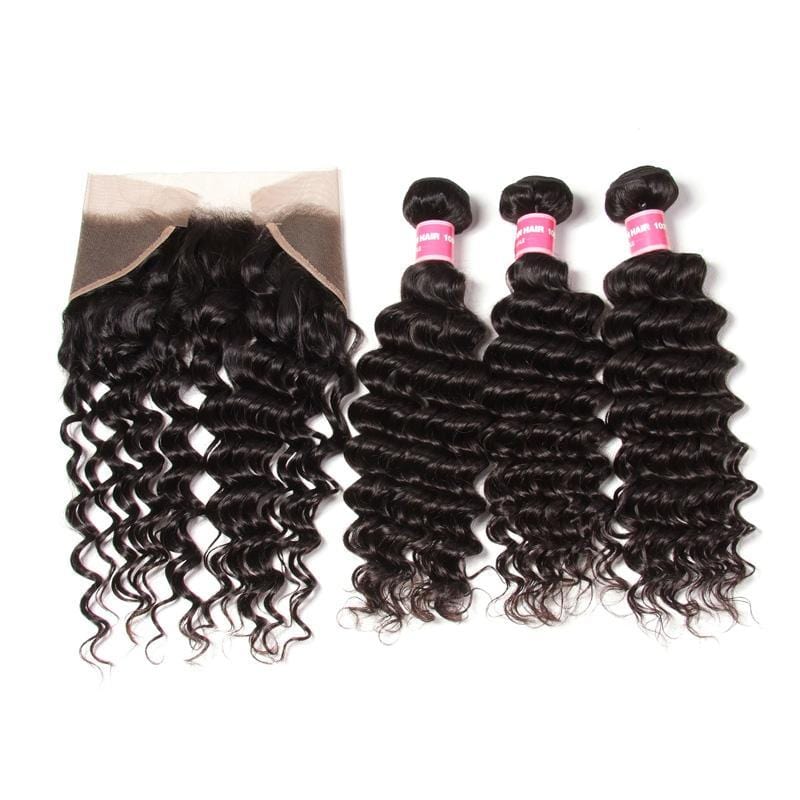 Peruvian Virgin Deep Wave Curly Hair 3 Bundles with Ear to Ear 13*4 Lace Frontal Closure Deals-Klaiyi Hair