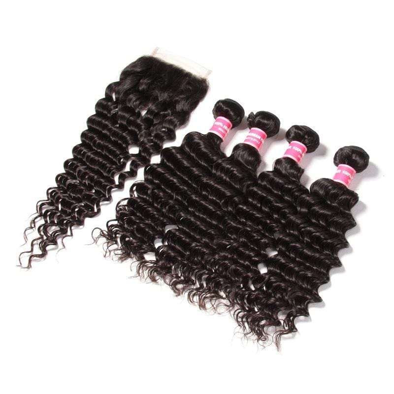 Klaiyi Peruvian Deep Wave 4 Bundles with Lace Closure, 4*4 Free Part, 100% Virgin Human Hair, 7A Grade