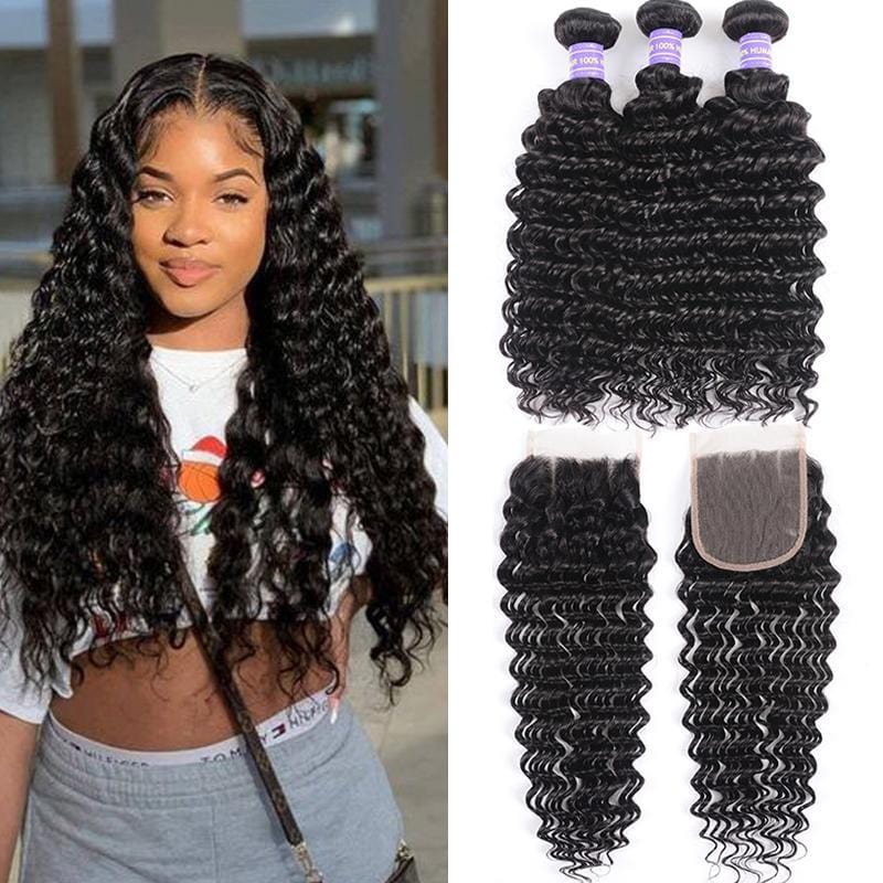 Klaiyi Virgin Hair Brazilian Deep Wave 3 Bundles With Closure 100% Human Hair Youth Series