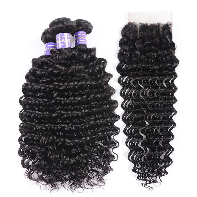 Klaiyi Virgin Hair Brazilian Deep Wave 3 Bundles With Closure 100% Human Hair Youth Series