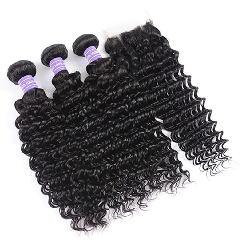 Klaiyi Virgin Hair Brazilian Deep Wave 3 Bundles With Closure 100% Human Hair Youth Series