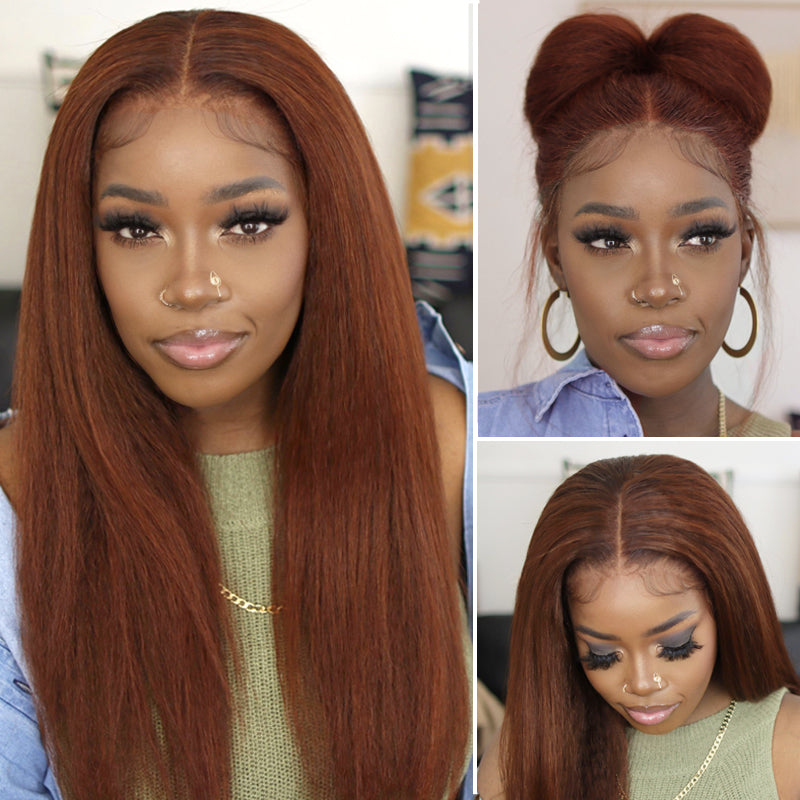 $100 OFF | Code: SAVE100 Klaiyi Reddish Brown Color Kinky Straight 13x4  Lace Front Wigs