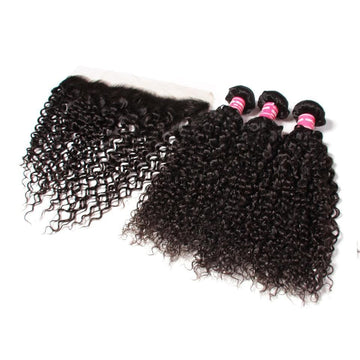 Klaiyi Malaysian Curly Hair 3 Bundles with Ear to Ear 13*4 Lace Frontal Closure