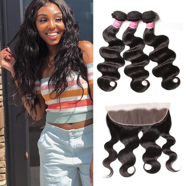 Klaiyi Indian Body Wave 3 Bundles with Ear To Ear Lace Frontal Closure
