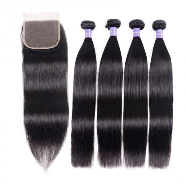 Klaiyi Remy Hair Brazilian Straight Hair 4 Bundles with 4*4 Lace Closure Youth Series